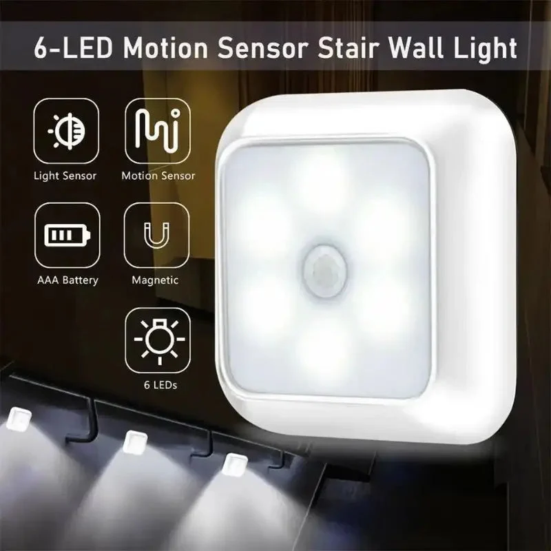 AuroraGlow – Draadloos 6-LED nachtlicht met bewegingssensor voor trap en kast