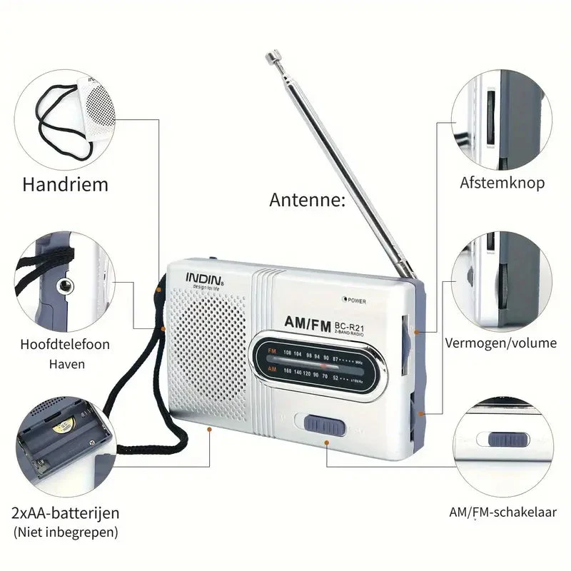 SoundWay Draagbare AM/FM Radio – Stereo Speaker & Koptelefoonaansluiting
