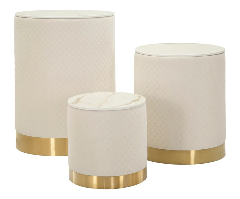 Set 3 Pezzi Pouf con Contenitore Shop Ø60x80 cm - Ø50x60 cm - Ø40x40 cm in Pino e MDF e Metallo
