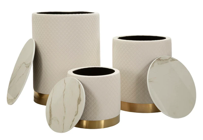 Set 3 Pezzi Pouf con Contenitore Shop Ø60x80 cm - Ø50x60 cm - Ø40x40 cm in Pino e MDF e Metallo