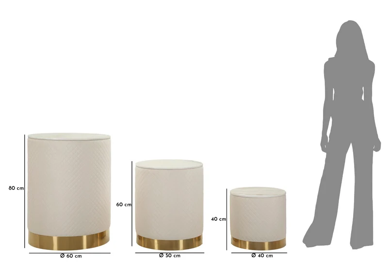 Set 3 Pezzi Pouf con Contenitore Shop Ø60x80 cm - Ø50x60 cm - Ø40x40 cm in Pino e MDF e Metallo