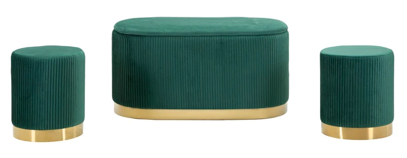 Panca con Contenitore e Sgabelli Shopy Verde Set 3 Pz 80x37x42 cm - Ø29x35 cm in Ferro e MDF e Spugna e Poliestere Verde e Oro