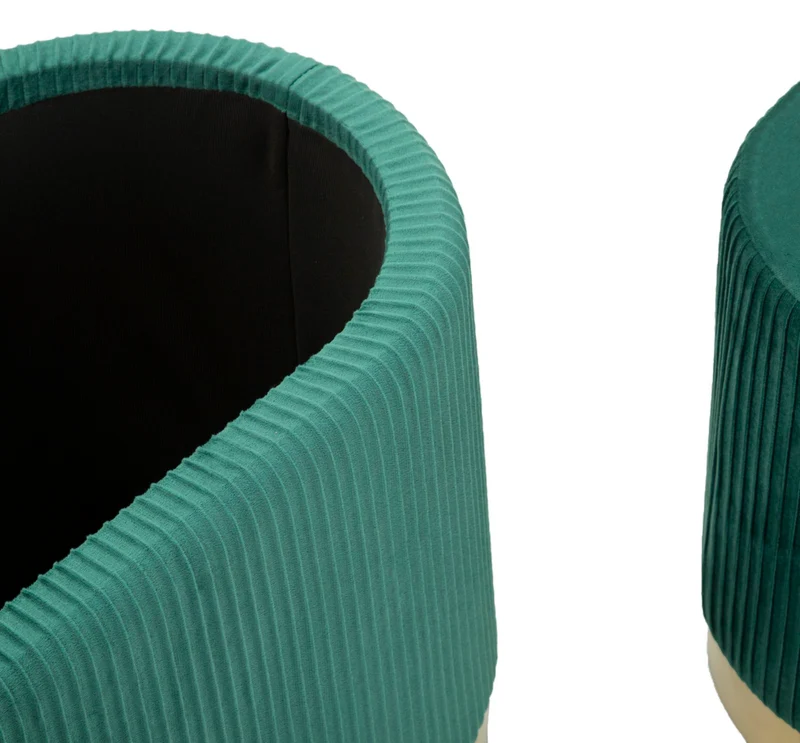 Panca con Contenitore e Sgabelli Shopy Verde Set 3 Pz 80x37x42 cm - Ø29x35 cm in Ferro e MDF e Spugna e Poliestere Verde e Oro