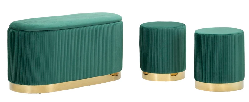 Panca con Contenitore e Sgabelli Shopy Verde Set 3 Pz 80x37x42 cm - Ø29x35 cm in Ferro e MDF e Spugna e Poliestere Verde e Oro