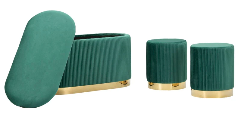 Panca con Contenitore e Sgabelli Shopy Verde Set 3 Pz 80x37x42 cm - Ø29x35 cm in Ferro e MDF e Spugna e Poliestere Verde e Oro