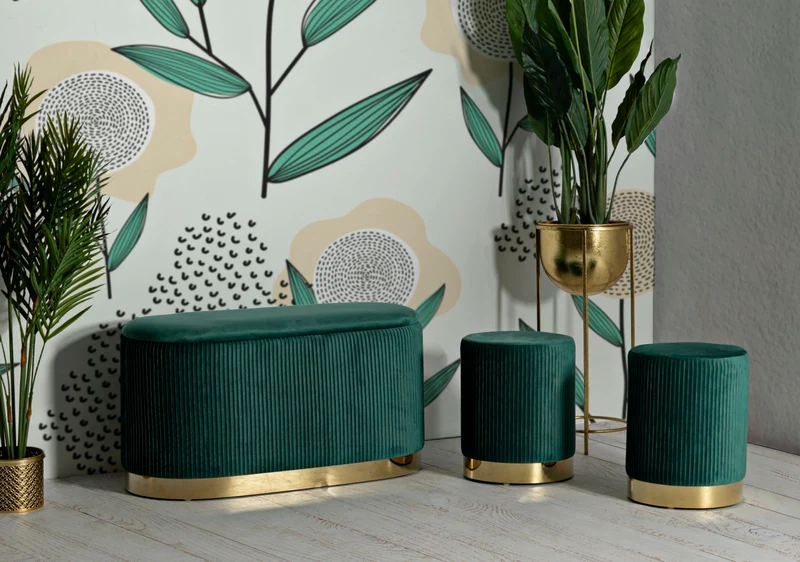 Panca con Contenitore e Sgabelli Shopy Verde Set 3 Pz 80x37x42 cm - Ø29x35 cm in Ferro e MDF e Spugna e Poliestere Verde e Oro