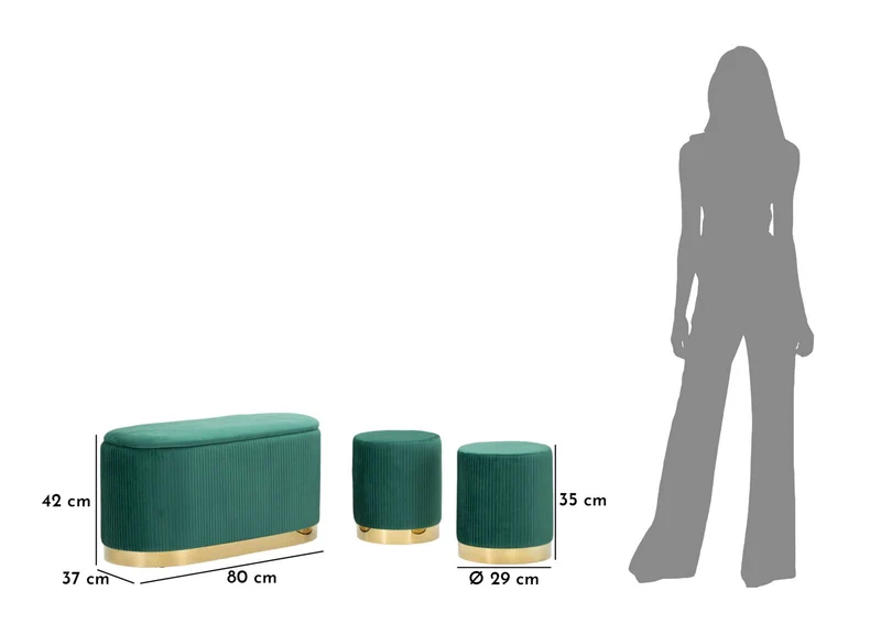 Panca con Contenitore e Sgabelli Shopy Verde Set 3 Pz 80x37x42 cm - Ø29x35 cm in Ferro e MDF e Spugna e Poliestere Verde e Oro