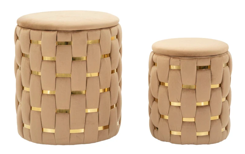 Puff con Contenitore Shanty Oro Set 2 Pz Ø37x42 cm - Ø28x35 cm in Ferro e MDF e Spugna e Poliestere Oro