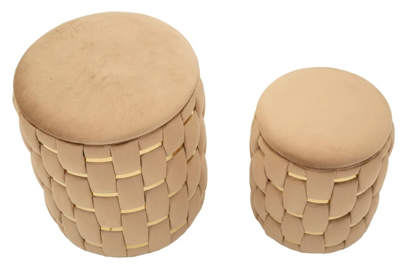 Puff con Contenitore Shanty Oro Set 2 Pz Ø37x42 cm - Ø28x35 cm in Ferro e MDF e Spugna e Poliestere Oro