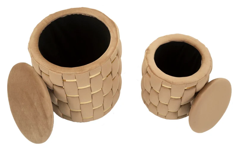 Puff con Contenitore Shanty Oro Set 2 Pz Ø37x42 cm - Ø28x35 cm in Ferro e MDF e Spugna e Poliestere Oro