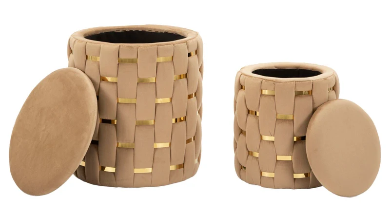Puff con Contenitore Shanty Oro Set 2 Pz Ø37x42 cm - Ø28x35 cm in Ferro e MDF e Spugna e Poliestere Oro