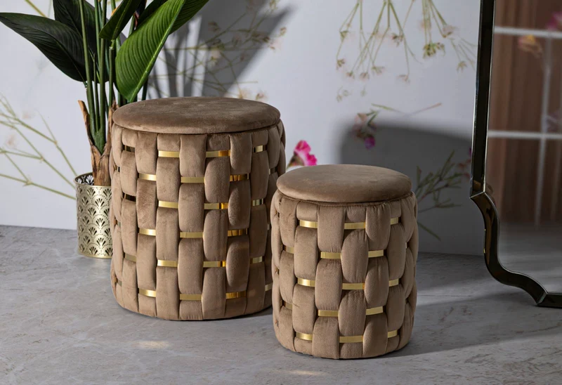 Puff con Contenitore Shanty Oro Set 2 Pz Ø37x42 cm - Ø28x35 cm in Ferro e MDF e Spugna e Poliestere Oro