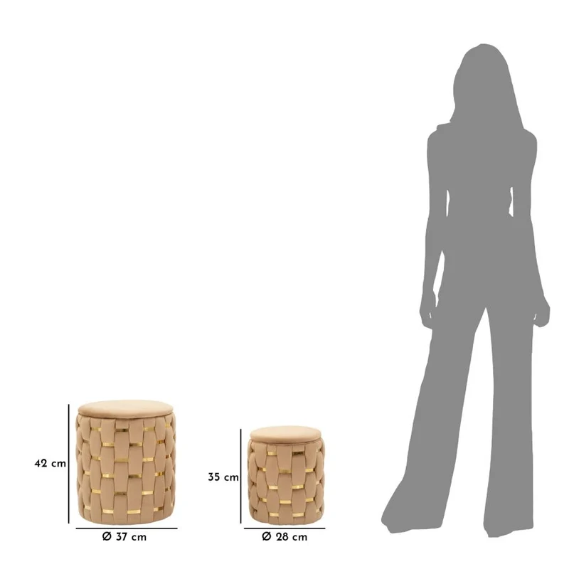 Puff con Contenitore Shanty Oro Set 2 Pz Ø37x42 cm - Ø28x35 cm in Ferro e MDF e Spugna e Poliestere Oro