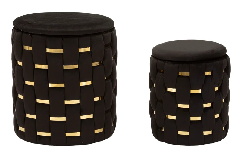 Puff con Contenitore Shanty Nero Set 2 Pz Ø37x42 cm - Ø28x35 cm in Ferro e MDF e Spugna e Poliestere Nero e Oro