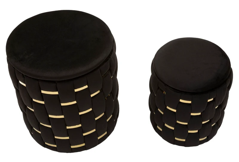 Puff con Contenitore Shanty Nero Set 2 Pz Ø37x42 cm - Ø28x35 cm in Ferro e MDF e Spugna e Poliestere Nero e Oro