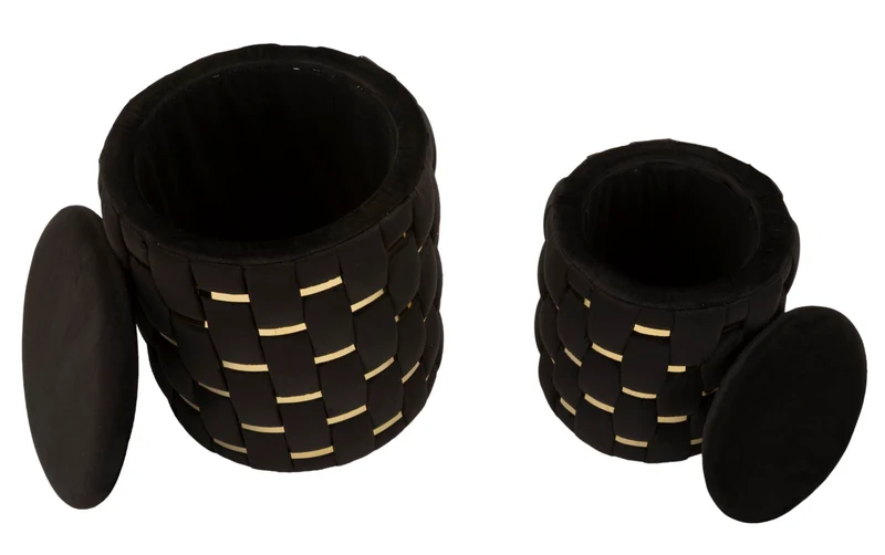 Puff con Contenitore Shanty Nero Set 2 Pz Ø37x42 cm - Ø28x35 cm in Ferro e MDF e Spugna e Poliestere Nero e Oro