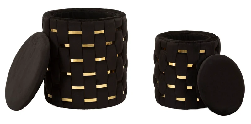 Puff con Contenitore Shanty Nero Set 2 Pz Ø37x42 cm - Ø28x35 cm in Ferro e MDF e Spugna e Poliestere Nero e Oro