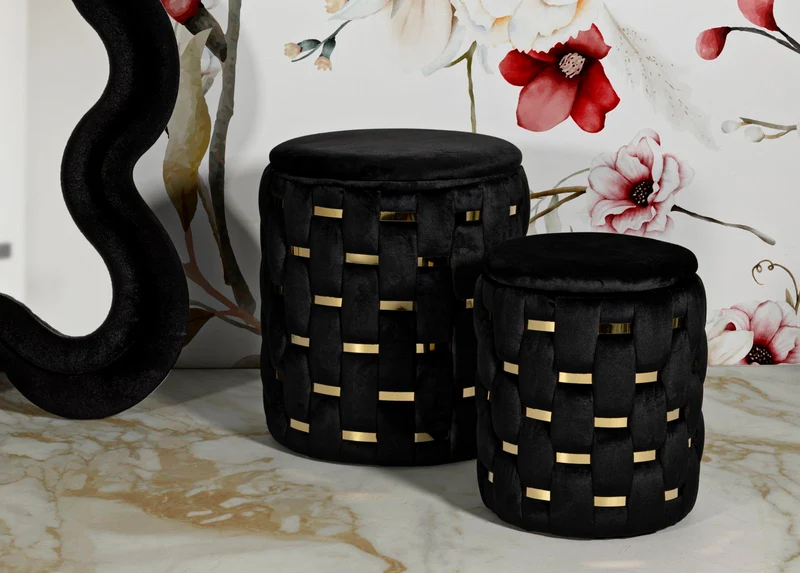 Puff con Contenitore Shanty Nero Set 2 Pz Ø37x42 cm - Ø28x35 cm in Ferro e MDF e Spugna e Poliestere Nero e Oro