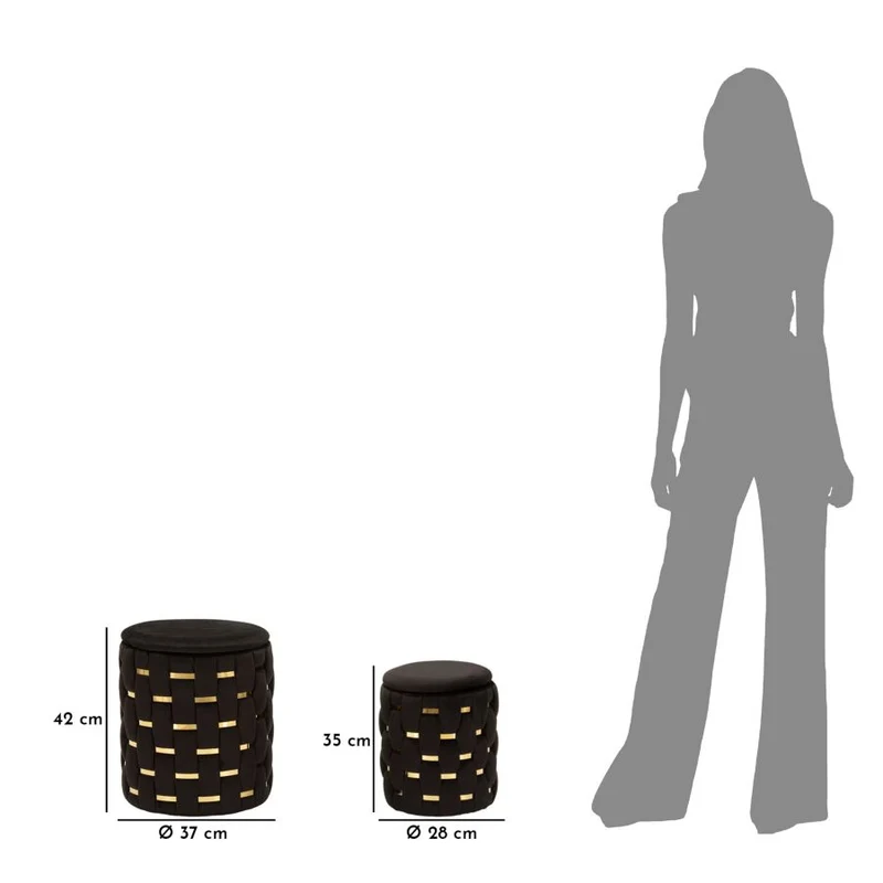 Puff con Contenitore Shanty Nero Set 2 Pz Ø37x42 cm - Ø28x35 cm in Ferro e MDF e Spugna e Poliestere Nero e Oro