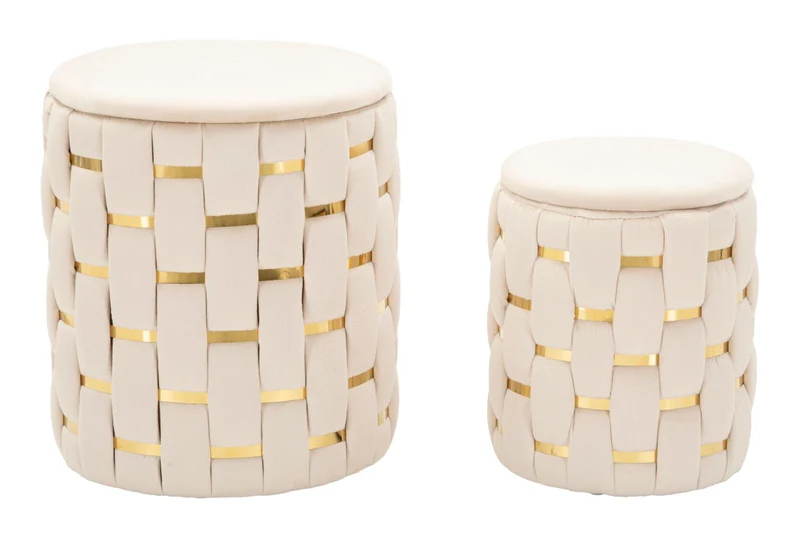 Puff con Contenitore Shanty Crema Set 2 Pz Ø37x42 cm - Ø28x35 cm in Ferro e MDF e Spugna e Poliestere Crema e Oro
