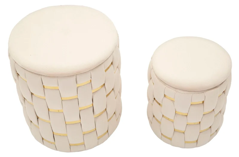 Puff con Contenitore Shanty Crema Set 2 Pz Ø37x42 cm - Ø28x35 cm in Ferro e MDF e Spugna e Poliestere Crema e Oro