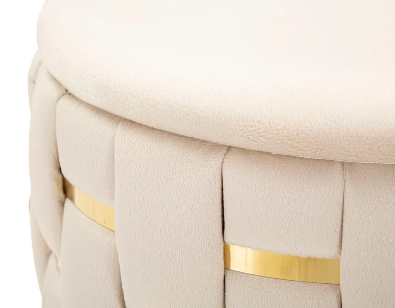Puff con Contenitore Shanty Crema Set 2 Pz Ø37x42 cm - Ø28x35 cm in Ferro e MDF e Spugna e Poliestere Crema e Oro