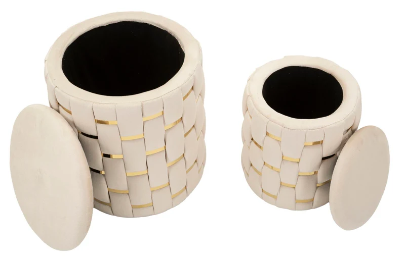 Puff con Contenitore Shanty Crema Set 2 Pz Ø37x42 cm - Ø28x35 cm in Ferro e MDF e Spugna e Poliestere Crema e Oro