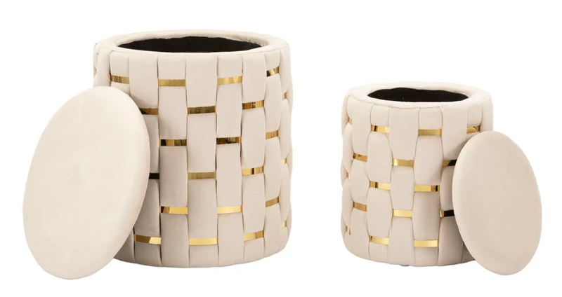 Puff con Contenitore Shanty Crema Set 2 Pz Ø37x42 cm - Ø28x35 cm in Ferro e MDF e Spugna e Poliestere Crema e Oro