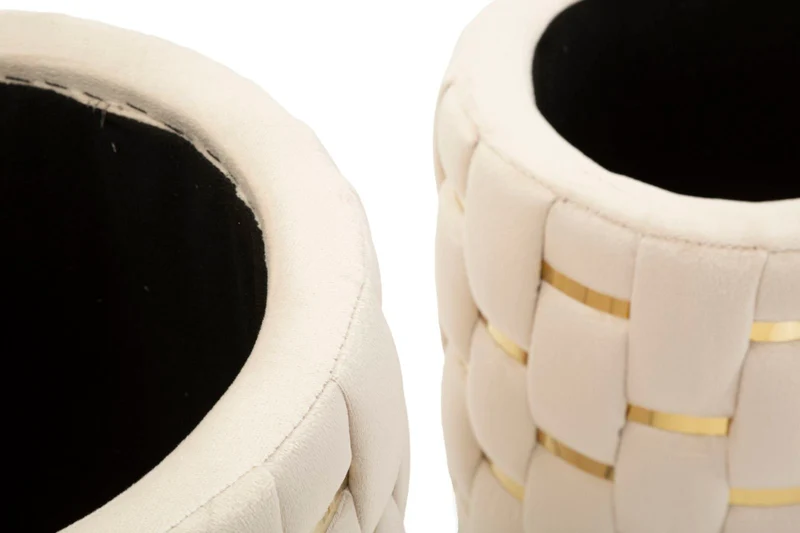 Puff con Contenitore Shanty Crema Set 2 Pz Ø37x42 cm - Ø28x35 cm in Ferro e MDF e Spugna e Poliestere Crema e Oro