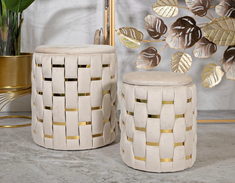 Puff con Contenitore Shanty Crema Set 2 Pz Ø37x42 cm - Ø28x35 cm in Ferro e MDF e Spugna e Poliestere Crema e Oro