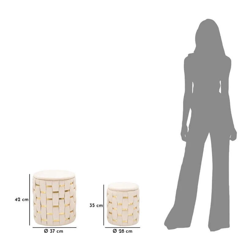 Puff con Contenitore Shanty Crema Set 2 Pz Ø37x42 cm - Ø28x35 cm in Ferro e MDF e Spugna e Poliestere Crema e Oro