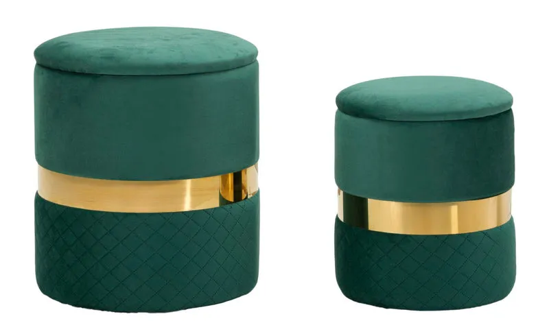 Puff con Contenitore Sheffild Verde Set 2 Pz Ø37x42 cm - Ø28x35 cm in Ferro e MDF e Spugna e Poliestere Verde e Oro