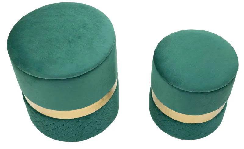 Puff con Contenitore Sheffild Verde Set 2 Pz Ø37x42 cm - Ø28x35 cm in Ferro e MDF e Spugna e Poliestere Verde e Oro