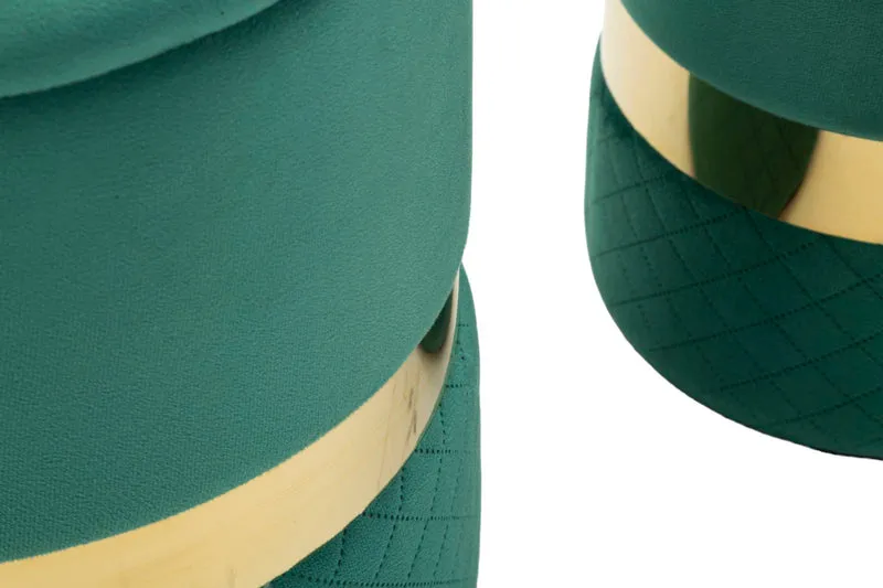 Puff con Contenitore Sheffild Verde Set 2 Pz Ø37x42 cm - Ø28x35 cm in Ferro e MDF e Spugna e Poliestere Verde e Oro