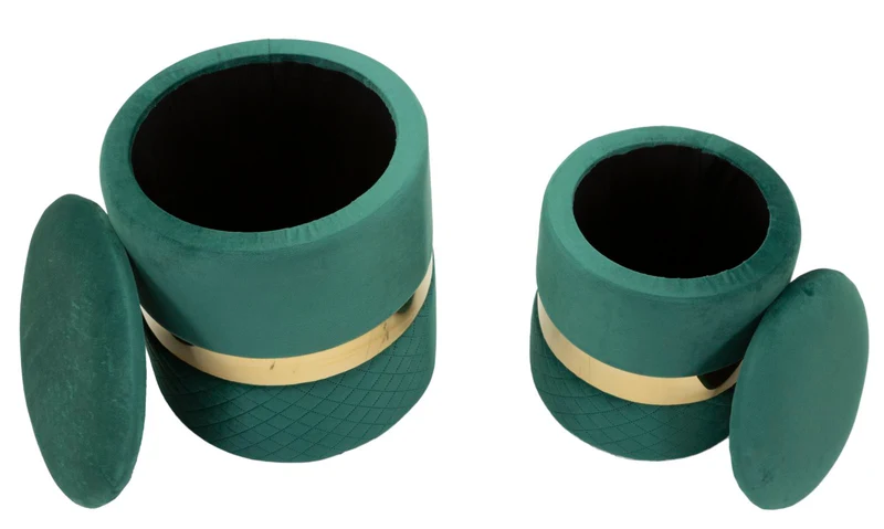 Puff con Contenitore Sheffild Verde Set 2 Pz Ø37x42 cm - Ø28x35 cm in Ferro e MDF e Spugna e Poliestere Verde e Oro
