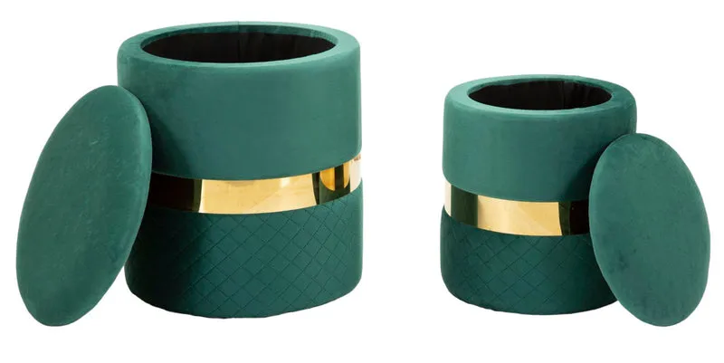 Puff con Contenitore Sheffild Verde Set 2 Pz Ø37x42 cm - Ø28x35 cm in Ferro e MDF e Spugna e Poliestere Verde e Oro