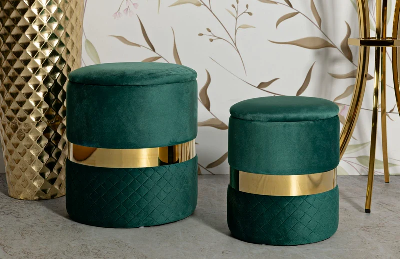 Puff con Contenitore Sheffild Verde Set 2 Pz Ø37x42 cm - Ø28x35 cm in Ferro e MDF e Spugna e Poliestere Verde e Oro