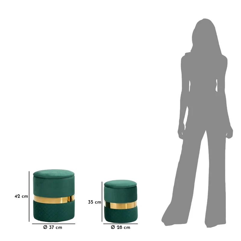 Puff con Contenitore Sheffild Verde Set 2 Pz Ø37x42 cm - Ø28x35 cm in Ferro e MDF e Spugna e Poliestere Verde e Oro