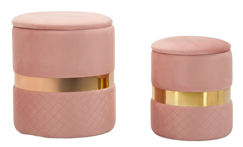 Puff con Contenitore Sheffild Rosa Set 2 Pz Ø37x42 cm - Ø28x35 cm in Ferro e MDF e Spugna e Poliestere Rosa e Oro