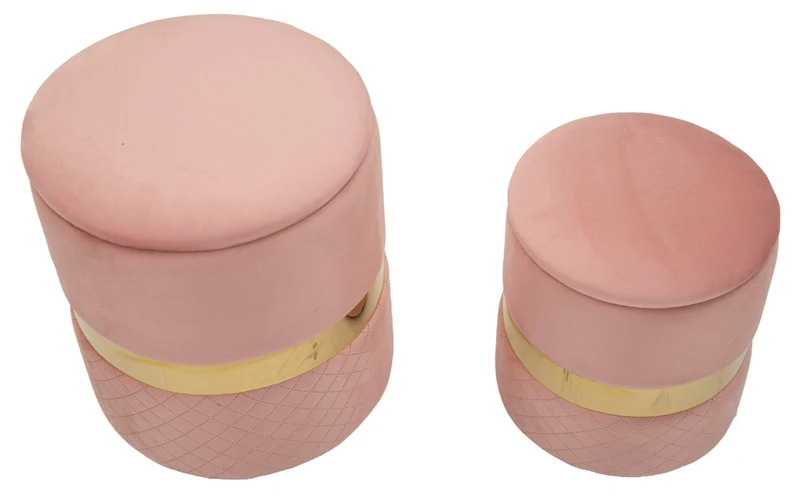 Puff con Contenitore Sheffild Rosa Set 2 Pz Ø37x42 cm - Ø28x35 cm in Ferro e MDF e Spugna e Poliestere Rosa e Oro
