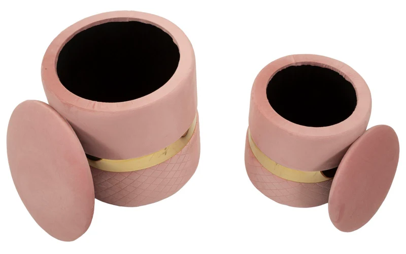 Puff con Contenitore Sheffild Rosa Set 2 Pz Ø37x42 cm - Ø28x35 cm in Ferro e MDF e Spugna e Poliestere Rosa e Oro