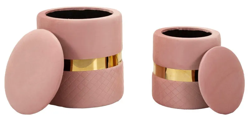 Puff con Contenitore Sheffild Rosa Set 2 Pz Ø37x42 cm - Ø28x35 cm in Ferro e MDF e Spugna e Poliestere Rosa e Oro