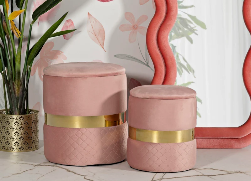 Puff con Contenitore Sheffild Rosa Set 2 Pz Ø37x42 cm - Ø28x35 cm in Ferro e MDF e Spugna e Poliestere Rosa e Oro