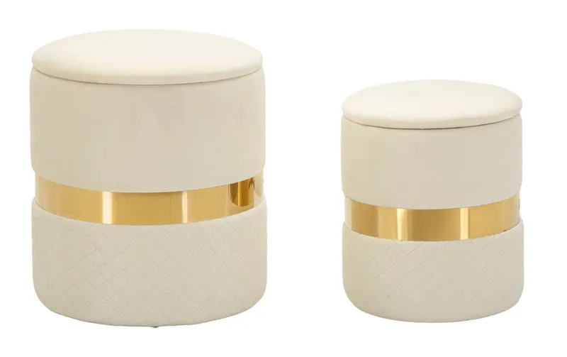 Puff con Contenitore Sheffild Crema Set 2 Pz Ø37x42 cm - Ø28x35 cm in Ferro e MDF e Spugna e Poliestere Crema e Oro