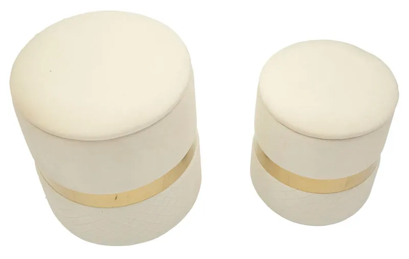 Puff con Contenitore Sheffild Crema Set 2 Pz Ø37x42 cm - Ø28x35 cm in Ferro e MDF e Spugna e Poliestere Crema e Oro