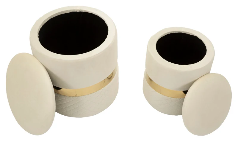 Puff con Contenitore Sheffild Crema Set 2 Pz Ø37x42 cm - Ø28x35 cm in Ferro e MDF e Spugna e Poliestere Crema e Oro