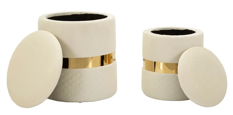 Puff con Contenitore Sheffild Crema Set 2 Pz Ø37x42 cm - Ø28x35 cm in Ferro e MDF e Spugna e Poliestere Crema e Oro