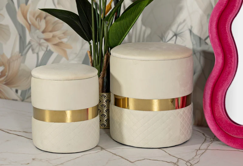 Puff con Contenitore Sheffild Crema Set 2 Pz Ø37x42 cm - Ø28x35 cm in Ferro e MDF e Spugna e Poliestere Crema e Oro