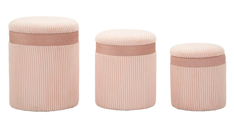 Puff con Contenitore Cortina Rosa Set 3 Pz Ø40,5x49,5 cm - Ø35x42 cm - Ø31x38 cm in MDF e Spugna e Poliestere Rosa