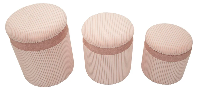 Puff con Contenitore Cortina Rosa Set 3 Pz Ø40,5x49,5 cm - Ø35x42 cm - Ø31x38 cm in MDF e Spugna e Poliestere Rosa